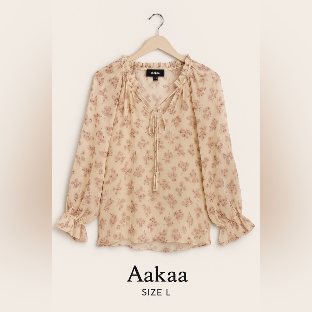 Aakaa Sheer Floral Peasant Blouse with Tassel Ties – Size L